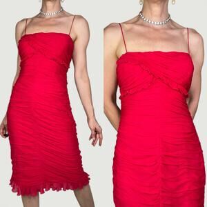 Cache silk ruffled sweetheart slip dress cocktail red ruched midi formal red 8‎